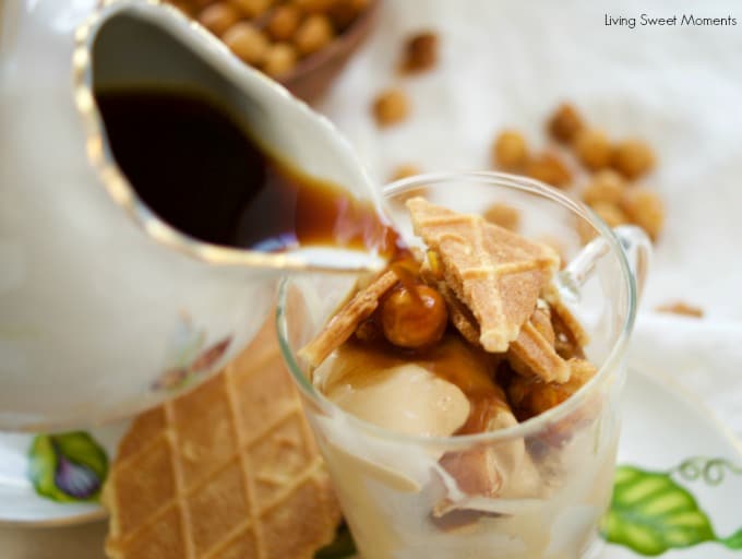 This delicious Hazelnut Affogato recipe is made with caramelized hazelnuts, hazelnut ice cream, and instant coffee for a delicious no bake dessert idea.