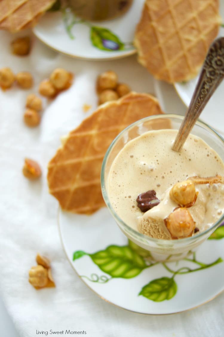 This delicious Hazelnut Affogato recipe is made with caramelized hazelnuts, hazelnut ice cream, and instant coffee for a delicious no bake dessert idea.