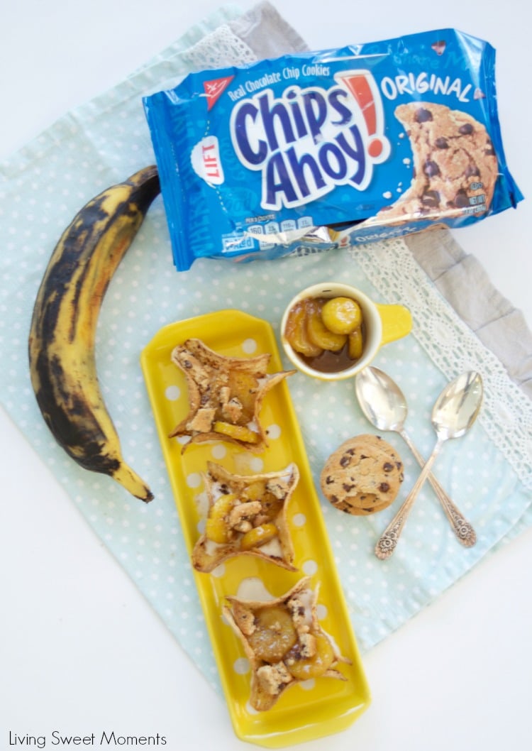 These delicious Ice Cream tacos are filled with warm plantains foster and topped with yummy Chips Ahoy! The perfect dessert or snack with a latin twist. 