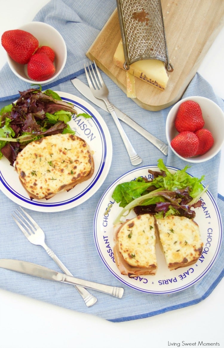 These Croque Monsieur Baked sandwiches are filled ham and cheese and topped with bechamel sauce and gruyere cheese. An easy recipe for dinner or brunch.