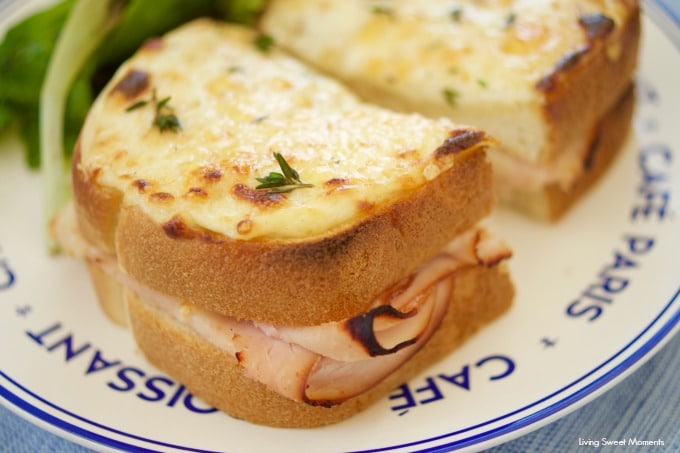 These Croque Monsieur Baked sandwiches are filled ham and cheese and topped with bechamel sauce and gruyere cheese. An easy recipe for dinner or brunch.