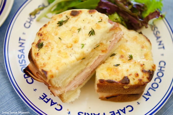 These Croque Monsieur Baked sandwiches are filled ham and cheese and topped with bechamel sauce and gruyere cheese. An easy recipe for dinner or brunch.