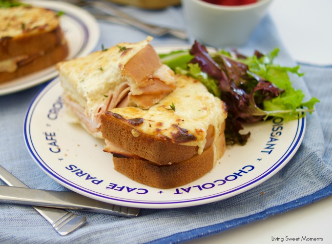 These Croque Monsieur Baked sandwiches are filled ham and cheese and topped with bechamel sauce and gruyere cheese. An easy recipe for dinner or brunch.