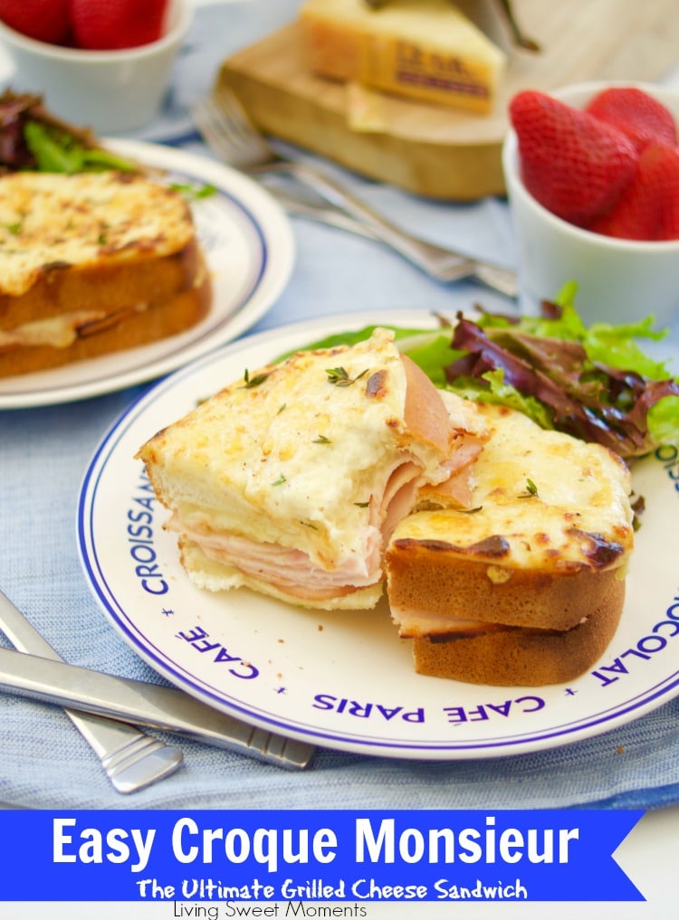 These Croque Monsieur Baked sandwiches are filled ham and cheese and topped with bechamel sauce and gruyere cheese. An easy recipe for dinner or brunch. 