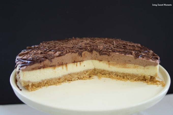 This Horchata Mousse Cheesecake recipe is easy to make, creamy and delicious. It has a Cookie crust, horchata cheesecake, horchata-choco mousse, & ganache. 