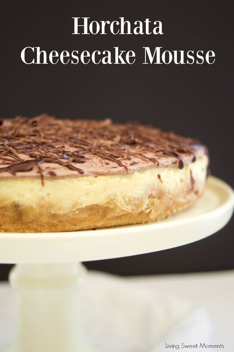 This Horchata Mousse Cheesecake recipe is easy to make, creamy and delicious. It has a Cookie crust, horchata cheesecake, horchata-choco mousse, & ganache. 