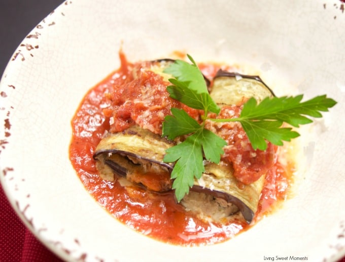 This delicious Roasted Eggplant Stuffed with Beef is served with a homemade tomato sauce for an easy and healthy dinner idea that your family will love. Yum