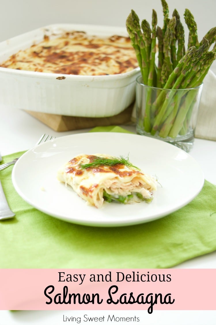 This easy & delicious Salmon Lasagna Recipe is made with flaky salmon and asparagus. Then is baked in a dilly Bechamel sauce. Perfect for weeknight dinner. 