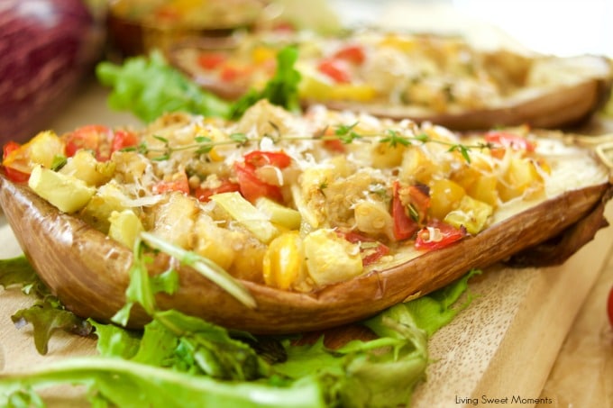 This delicious Tomato Stuffed Roasted Eggplant is super easy to make and the perfect vegetarian entree that is filling and tasty. Great for parties as well! 