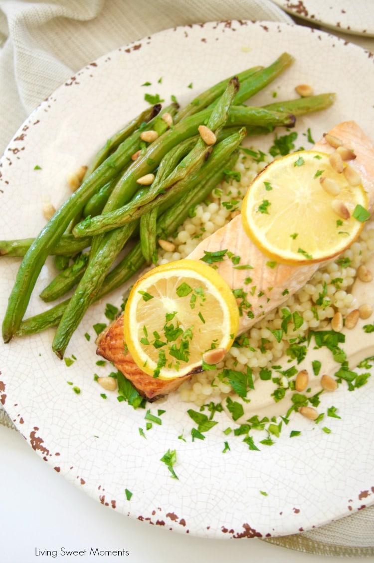 This delicious broiled salmon recipe is served with a homemade tahini sauce and green beans. The perfect quick weeknight meal that is both healthy & tasty