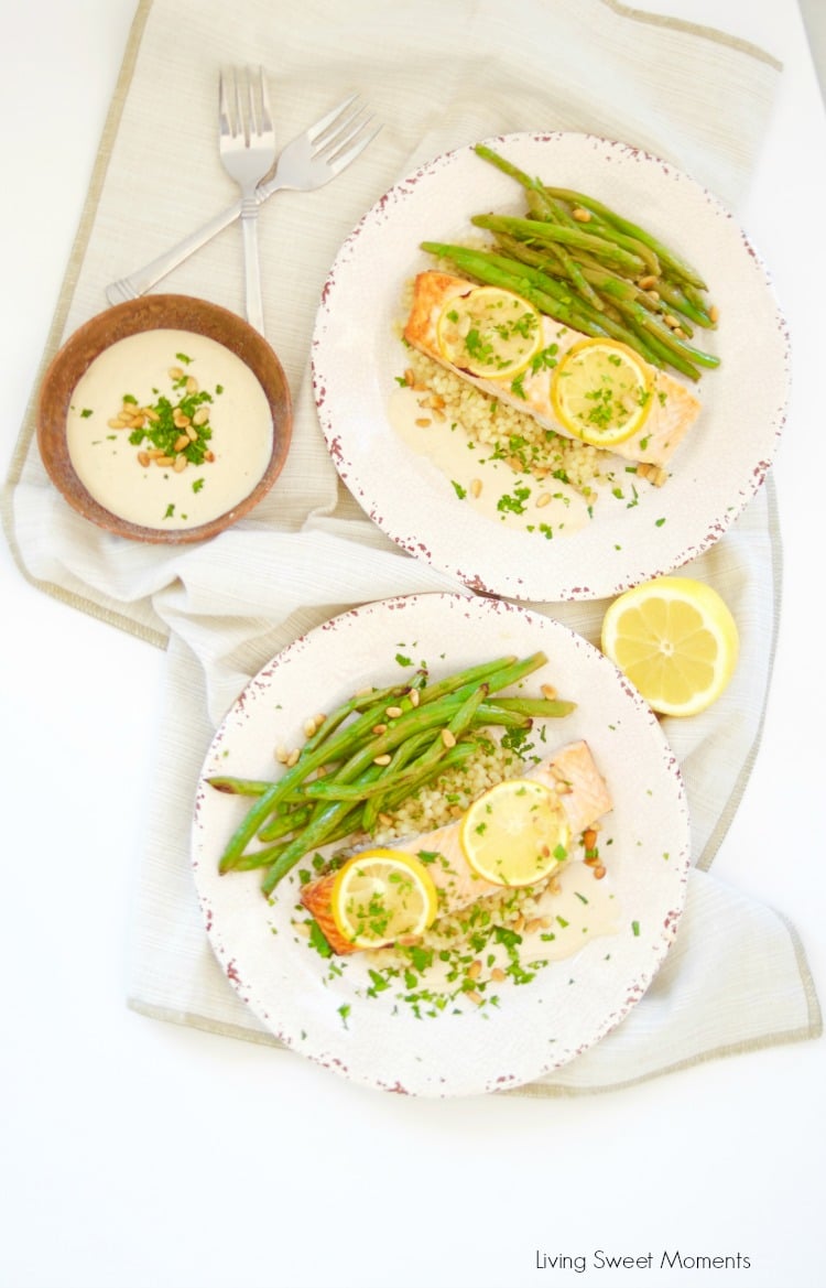 This delicious broiled salmon recipe is served with a homemade tahini sauce and green beans. The perfect quick weeknight meal that is both healthy & tasty