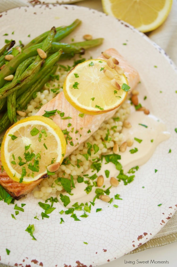 This delicious broiled salmon recipe is served with a homemade tahini sauce and green beans. The perfect quick weeknight meal that is both healthy & tasty