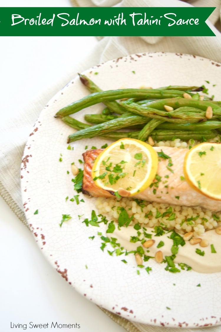 This delicious broiled salmon recipe is served with a homemade tahini sauce and green beans. The perfect quick weeknight meal that is both healthy & tasty