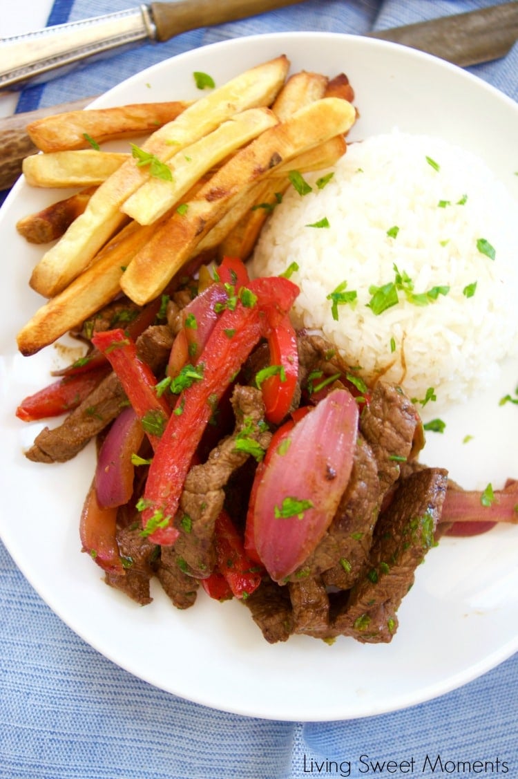 This delicious beef stir fry recipe (Peruvian Lomo Saltado) is made in 15 minutes or less and is healthy, tasty and perfect for a quick weeknight dinner. 
