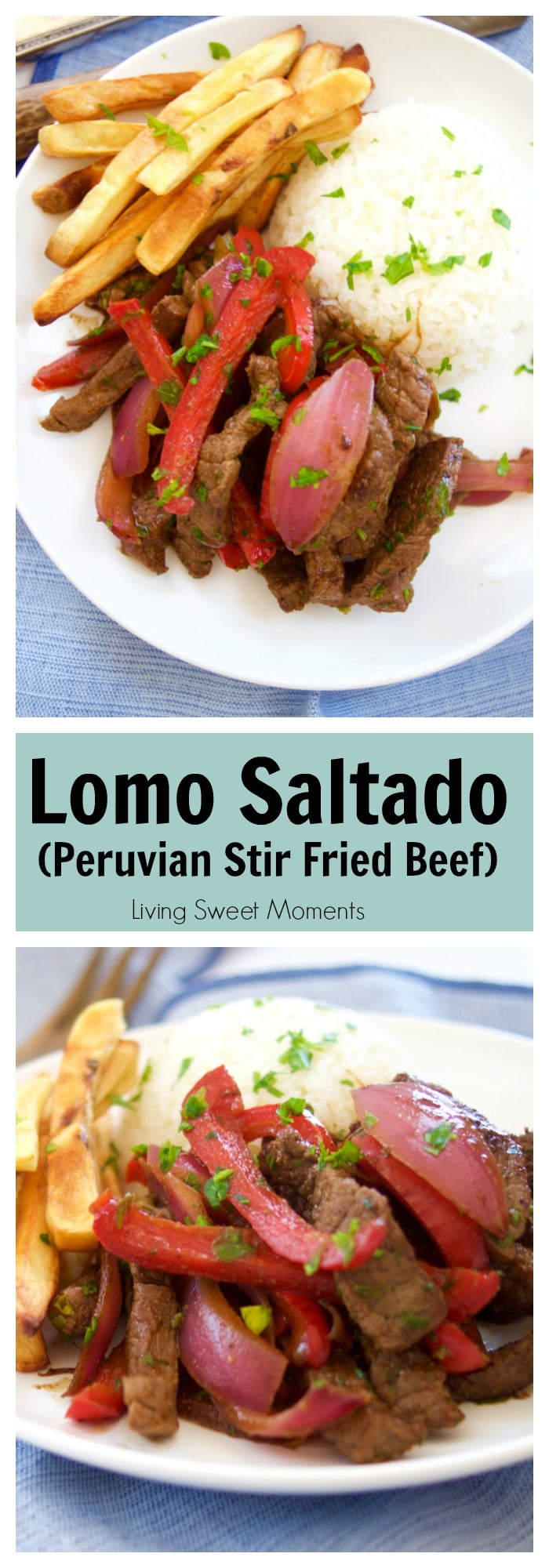 This delicious beef stir fry recipe (Peruvian Lomo Saltado) is made in 15 minutes or less and is healthy, tasty and perfect for a quick weeknight dinner. 