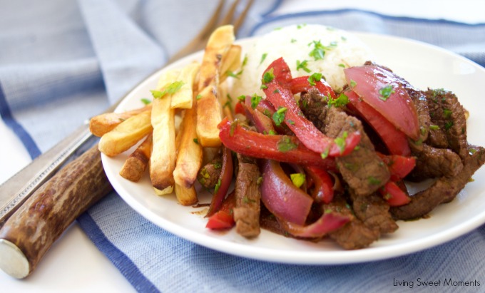 This delicious beef stir fry recipe (Peruvian Lomo Saltado) is made in 15 minutes or less and is healthy, tasty and perfect for a quick weeknight dinner.