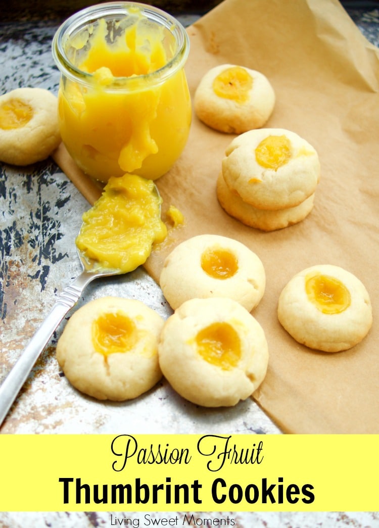 This delicious thumbprint cookie recipe is made with homemade passion fruit curd in a shortbread cookie dough. Perfect for dessert and tea. Yummy! 