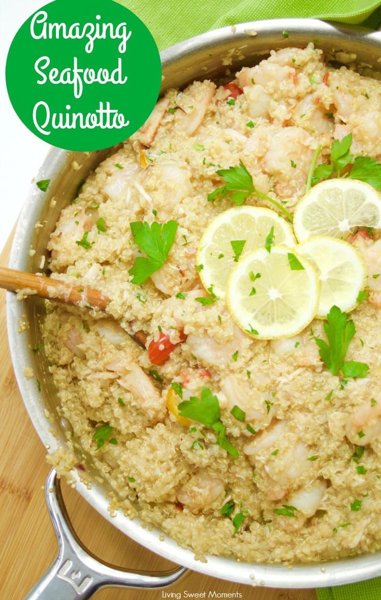 This delicious Peruvian Quinotto recipe is made with seafood, wine, and tomato. Perfect for summer entertaining and can be made in 30 minutes or less. Yum!