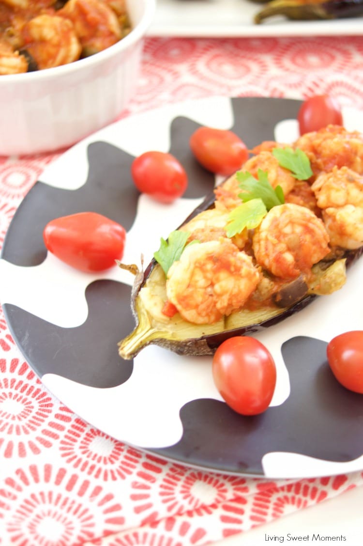 This delicious Shrimp Stuffed Eggplant Recipe is easy to make and is perfect for a nice weeknight dinner idea. The filling is inspired by Italian Caponata