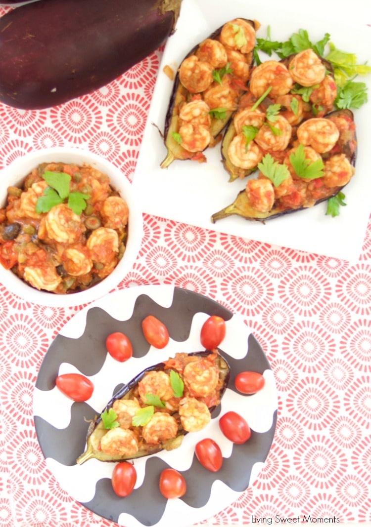 This delicious Shrimp Stuffed Eggplant Recipe is easy to make and is perfect for a nice weeknight dinner idea. The filling is inspired by Italian Caponata