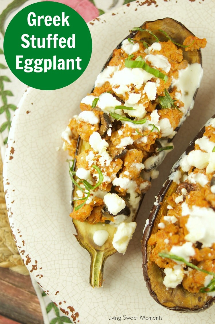 This tasty Greek Stuffed Eggplant is made with meat, kalamata olives and topped with feta cheese and tzatziki sauce. The perfect quick weeknight dinner idea