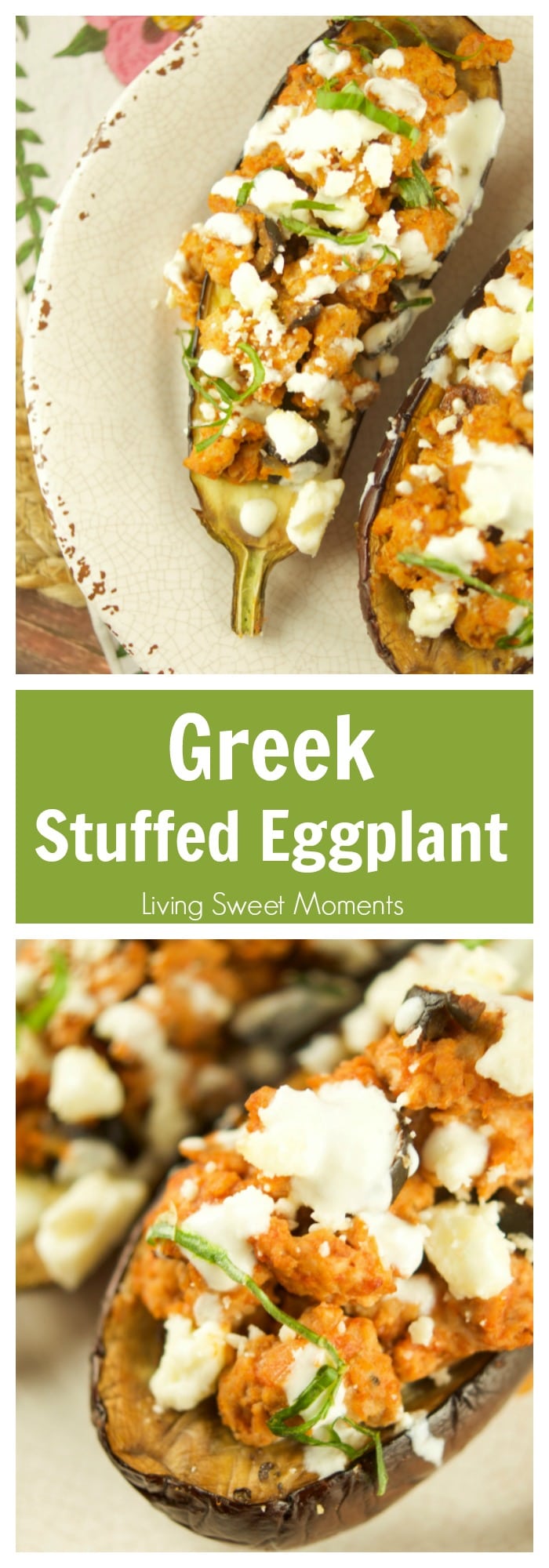 This tasty Greek Stuffed Eggplant is made with meat, kalamata olives and topped with feta cheese and tzatziki sauce. The perfect quick weeknight dinner idea. More stuffed eggplant recipes at livingsweetmoments.com