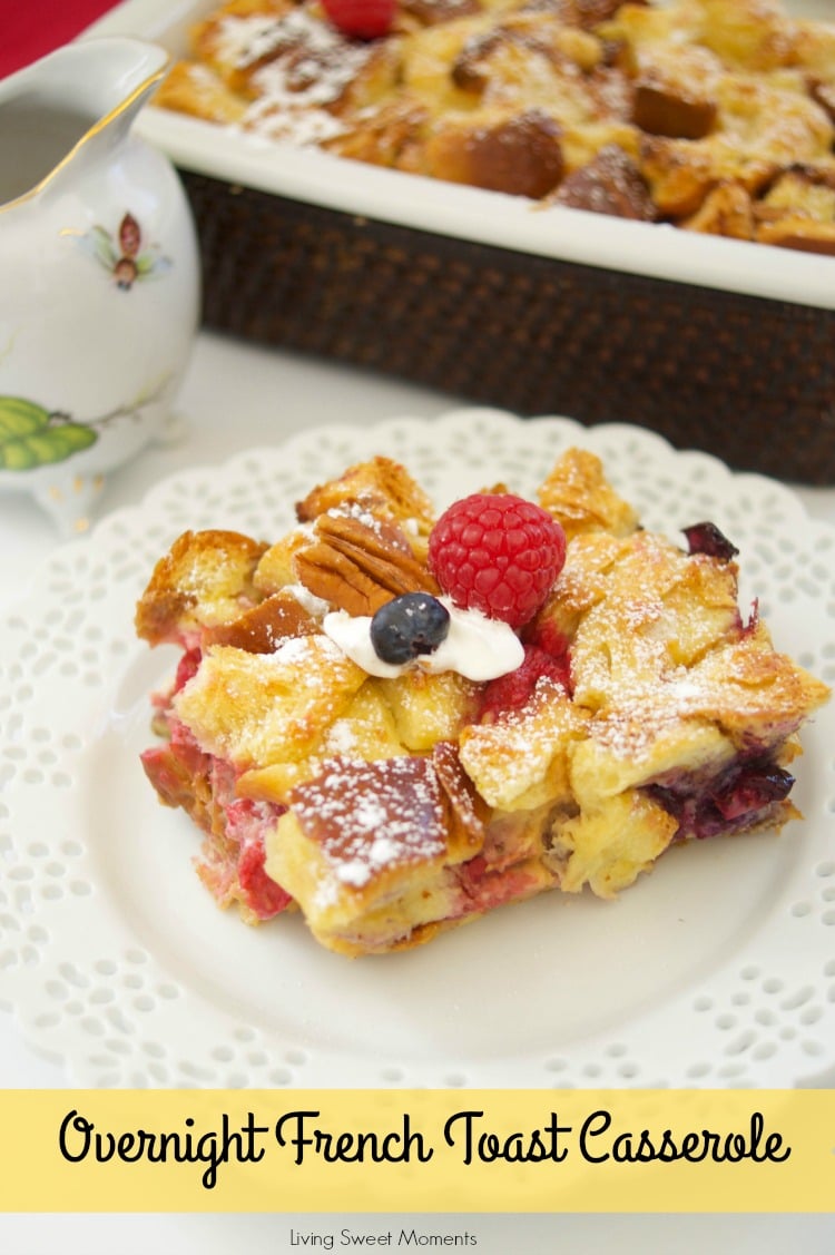 This delicious Overnight French Toast Casserole recipe is stuffed with maple peanut butter and berries. Perfect for brunch, breakfast, or even dessert. Yum! 