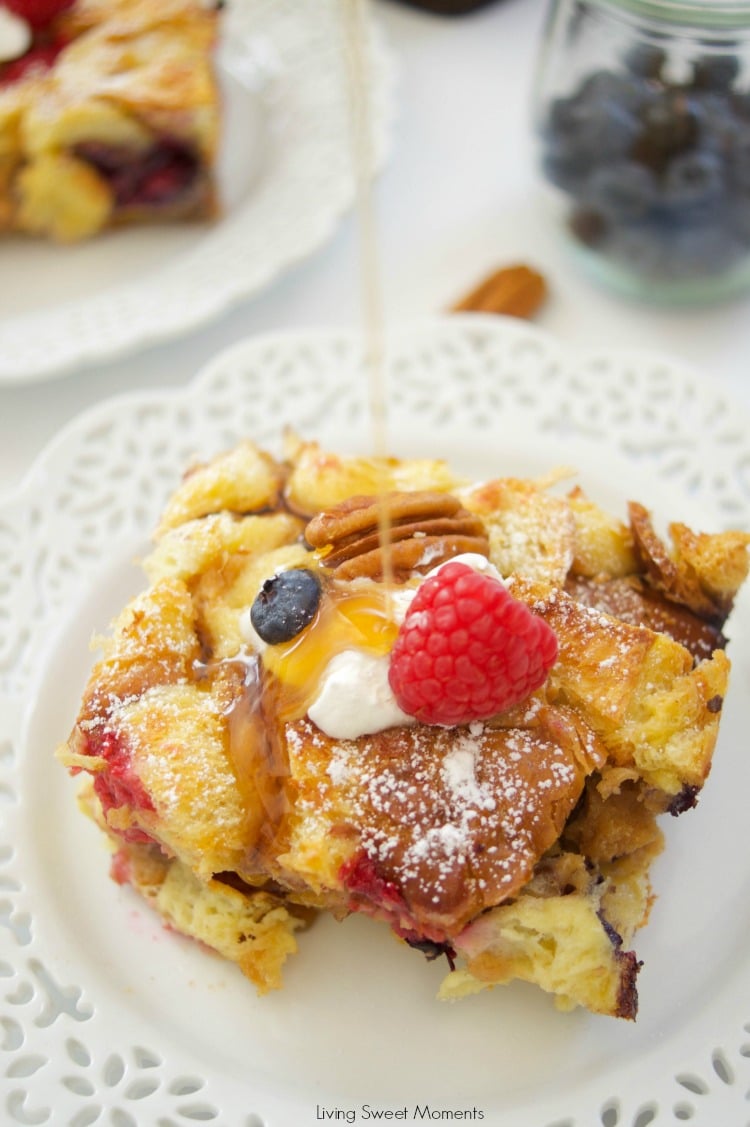 This delicious Overnight French Toast Casserole recipe is stuffed with maple peanut butter and berries. Perfect for brunch, breakfast, or even dessert. Yum!