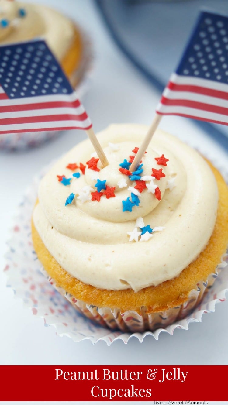 Peanut Butter And Jelly Cupcakes - delicious vanilla cupcakes filled with jelly and topped with peanut butter. The perfect dessert for any occasion. 