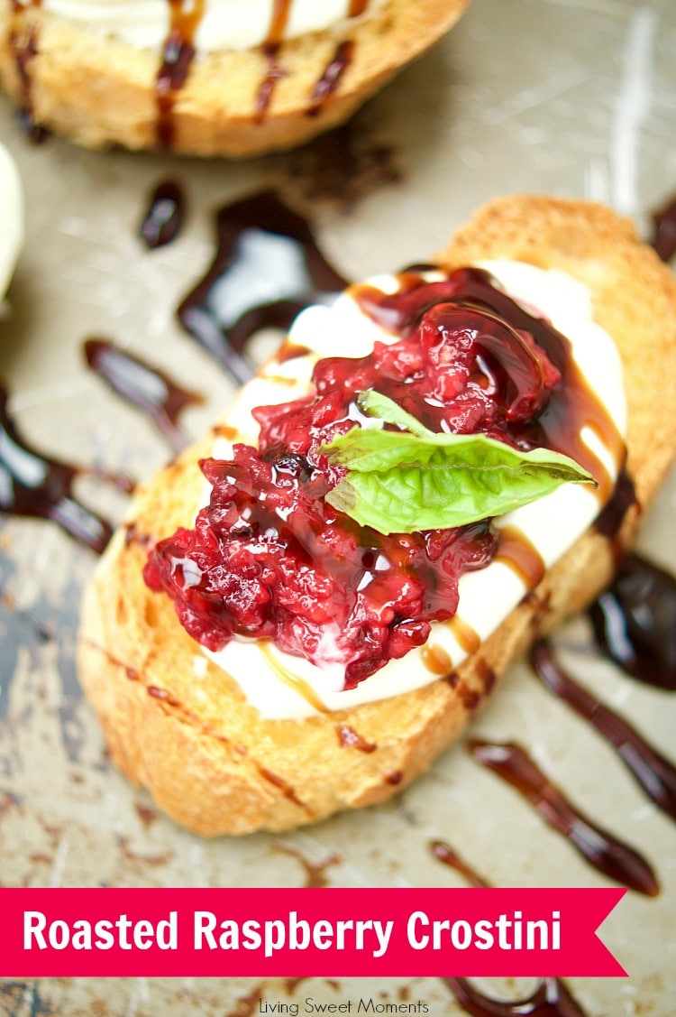 This delicious Roasted Raspberry Crostini recipe is made with balsamic vinegar, mascarpone cheese on top of a baguette. The perfect summer appetizer. 