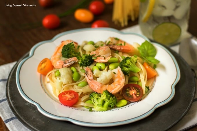 This delicious Summer Pasta is made with linguini, shrimp, and veggies and tossed in a butter garlic sauce. The perfect 15-minute dinner idea for the summer