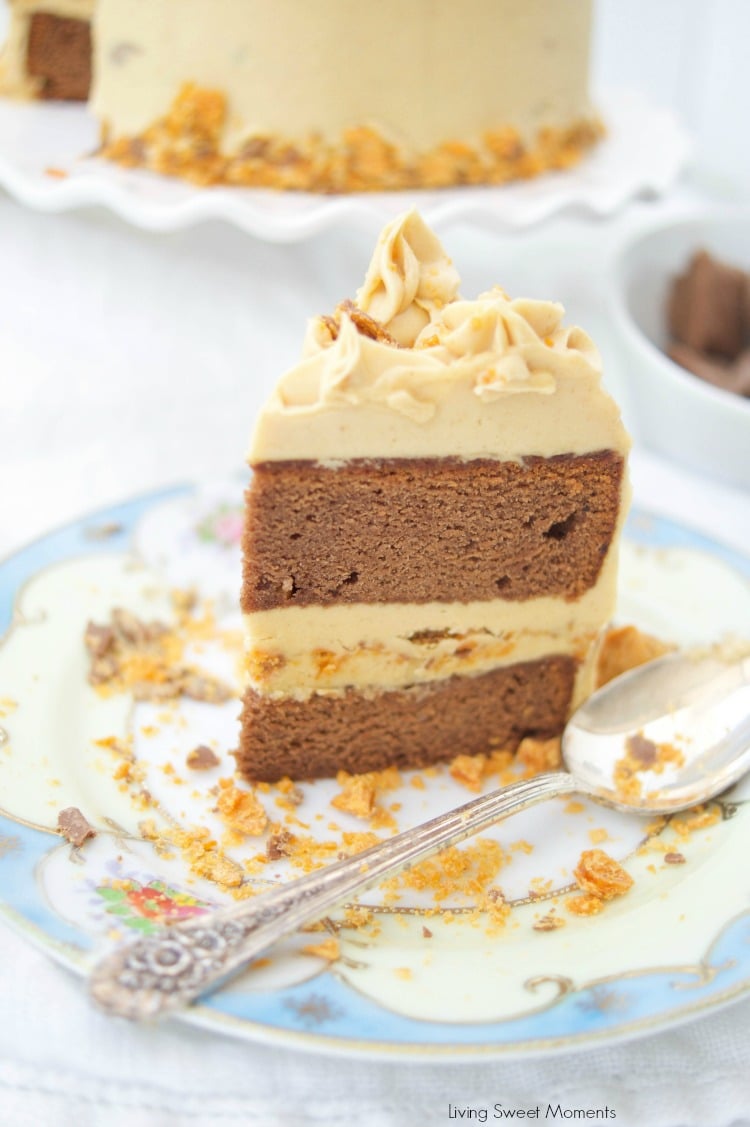 This delicious Butterfinger Cake Recipe dessert is made from scratch and features a moist chocolate cake with peanut butter frosting and butterfingers. 