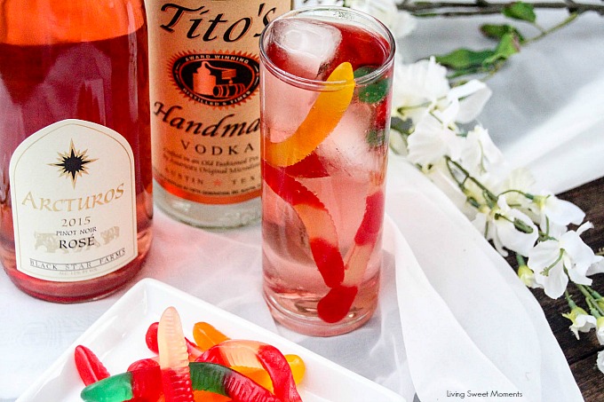 Hard Rosé Gummi Cocktail - this delicious adult drink will make you feel like a kid by using actual gummy worms as an ingredient. Perfect cocktail for all!
