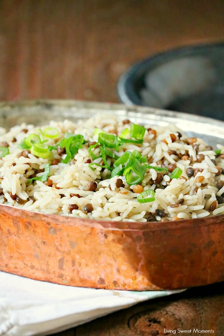 This delicious Mujaddara recipe is an entree made with rice, lentils and rich spices for an easy middle eastern dish that will wow your family for dinner. 