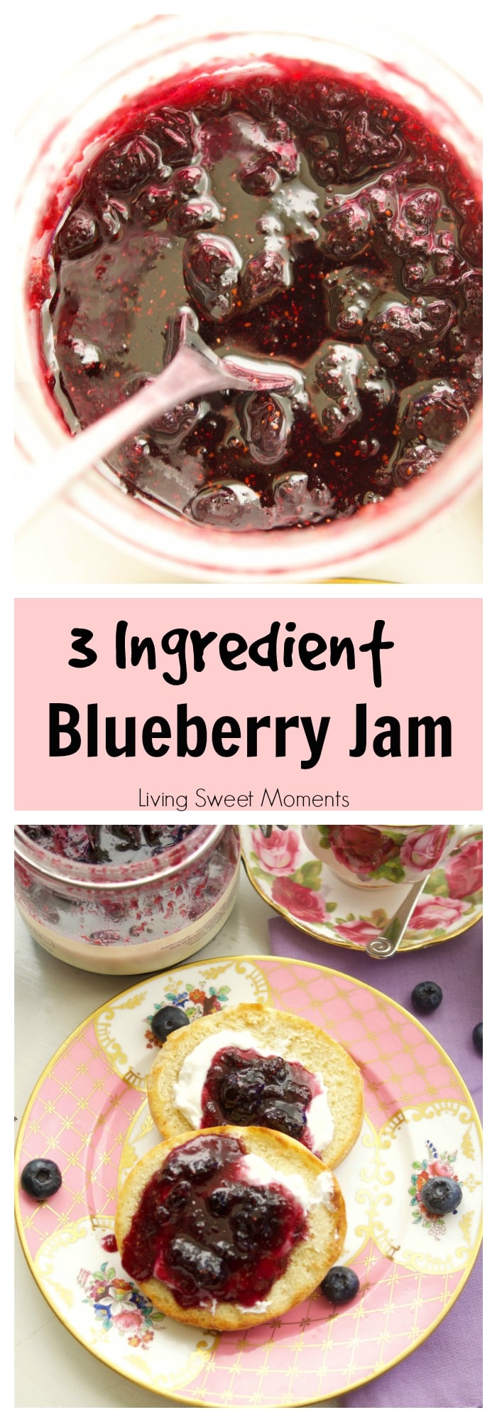 This delicious Blueberry Jam Recipe requires only 3 ingredients and is super easy to make and can. Use it as a spread or as a filling for pies or cookies.