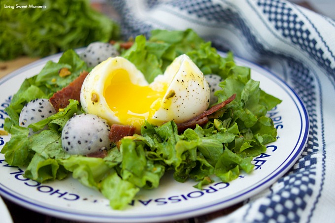 This amazing French Lyonnaise Salad Recipe is easy to make & delicious. Enjoy greens, bacon & fruit tossed with a mustard vinaigrette & a soft boiled egg.