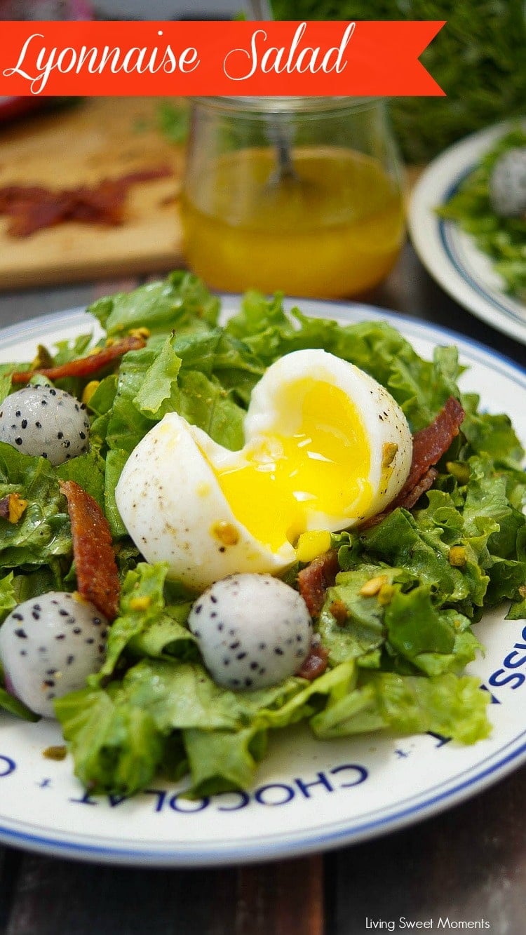 This amazing French Lyonnaise Salad Recipe is easy to make & delicious. Enjoy greens, bacon & fruit tossed with a mustard vinaigrette & a soft boiled egg. 