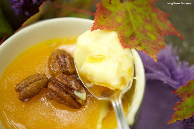 This delicious Maple Creme Brûlée recipe only requires 5 ingredients and is served with candied pecans for extra flavor and crunch. A perfect fancy dessert.