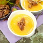 This delicious Maple Creme Brûlée recipe only requires 5 ingredients and is served with candied pecans for extra flavor and crunch. A perfect fancy dessert.