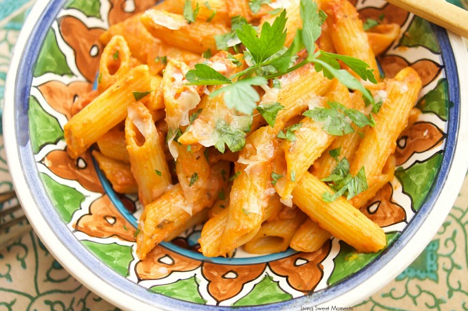 This easy and delicious Penne Alla Vodka recipe is ready in 20 minutes or less and is the perfect quick weeknight dinner idea for the family. Vegetarian too