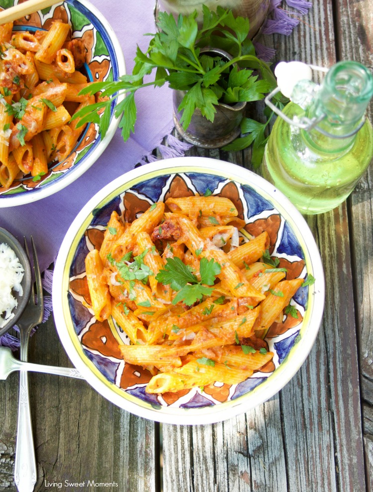 This easy and delicious Penne Alla Vodka recipe is ready in 20 minutes or less and is the perfect quick weeknight dinner idea for the family. Vegetarian too