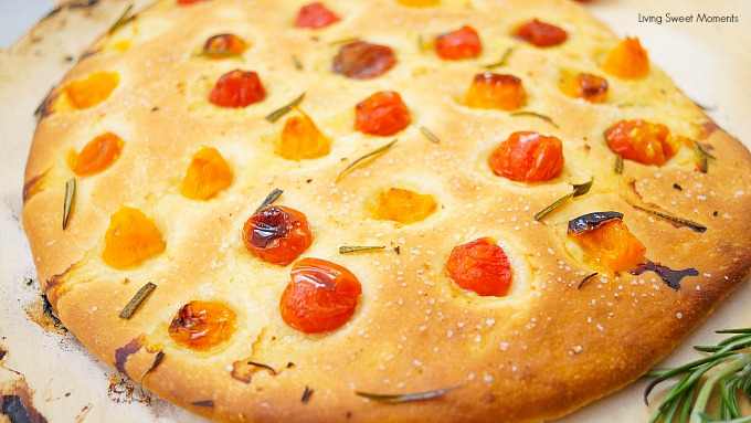 This delicious focaccia recipe is made under an hour and is flavored with cherry tomatoes and rosemary. It makes a wonderful appetizer to parties or dinners