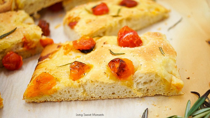 This delicious focaccia recipe is made under an hour and is flavored with cherry tomatoes and rosemary. It makes a wonderful appetizer to parties or dinners