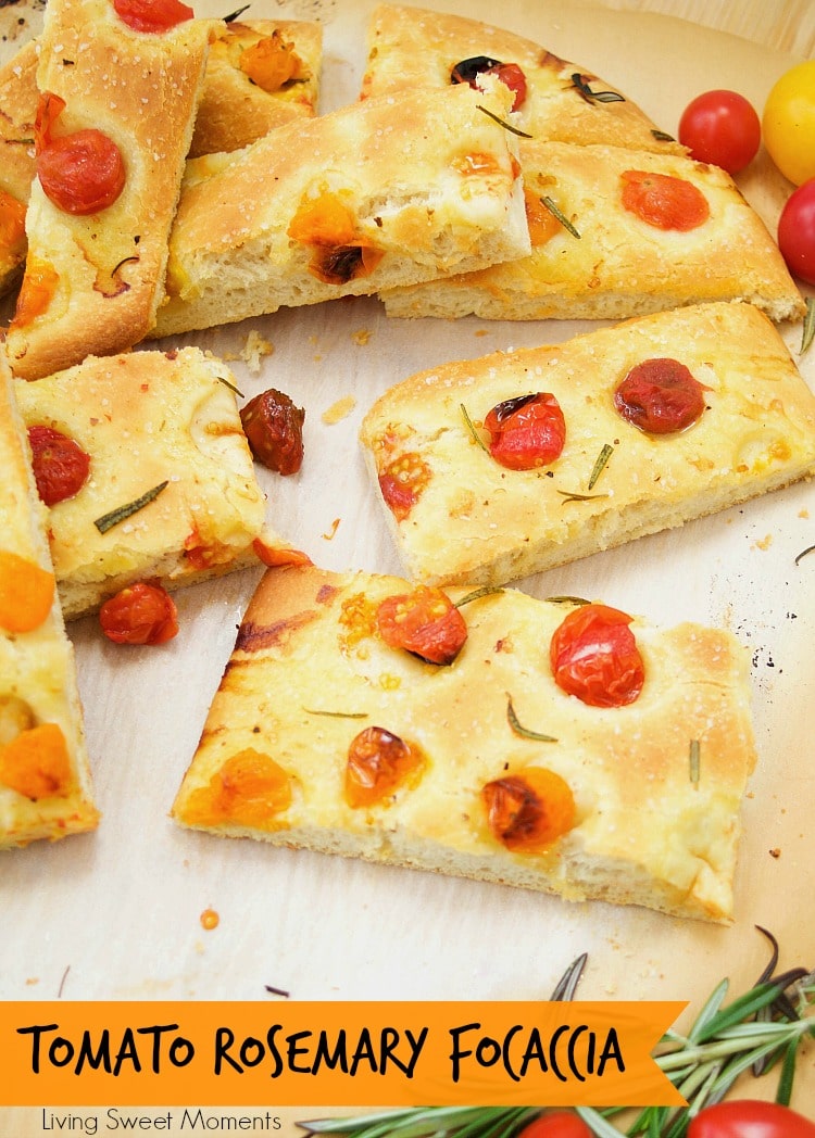 This delicious focaccia recipe is made under an hour and is flavored with cherry tomatoes and rosemary. It makes a wonderful appetizer to parties or dinners