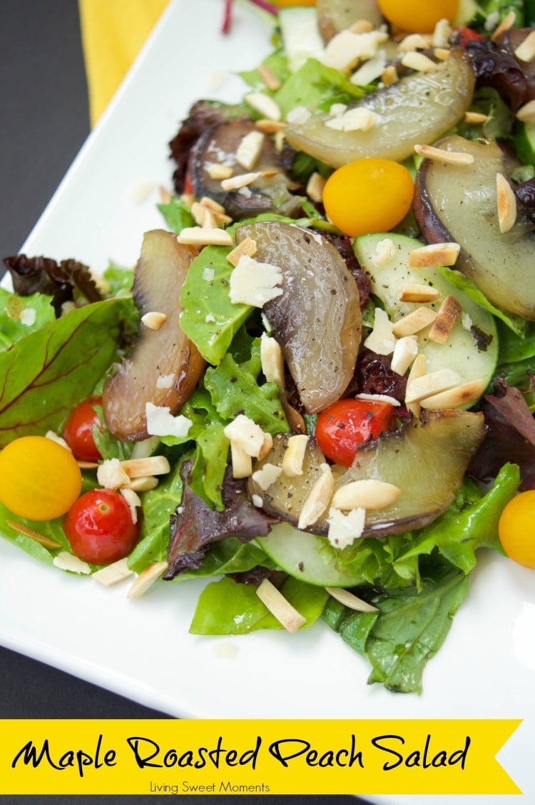 This tasty maple Roasted Peach Salad recipe is served with greens, tomatoes, almonds, parmesan and almonds, then tossed with a tangy maple vinaigrette. 