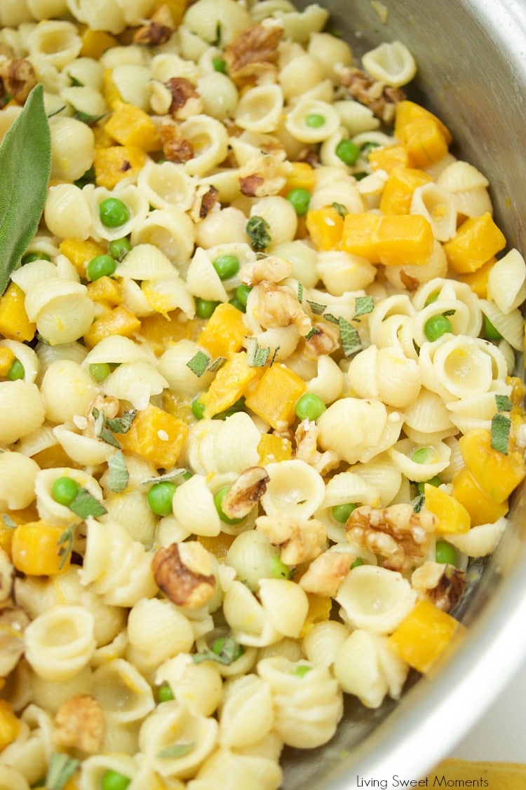 This creamy Mac And Cheese recipe is inspired by fall featuring butternut squash, peas, sage, and walnuts. The perfect easy 30-minute weeknight dinner idea. Vegetarian too! 