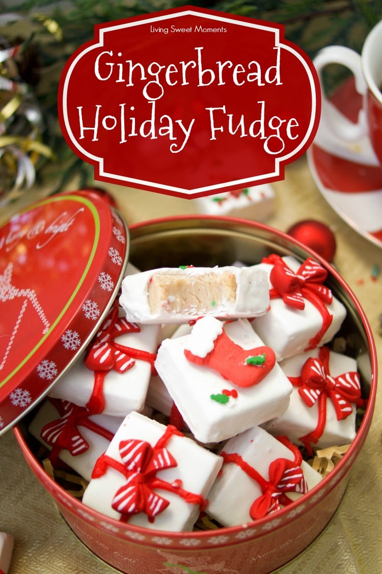 This delicious Gingerbread Holiday Fudge is perfect for Christmas parties and to give as DIY Gifts. Serve it in a present shape or decorate with sprinkles.