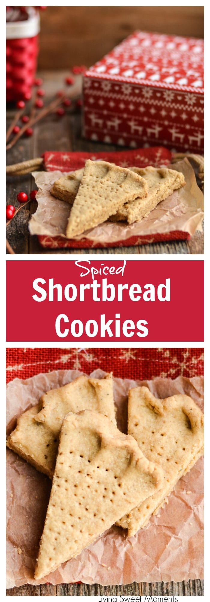 These crumbly Holiday Spiced Shortbread Cookies are super delicious and easy to make. Cut into wedges, they are perfect for dessert or to dip in your coffee. More Christmas cookies recipes at livingsweetmoments.com
