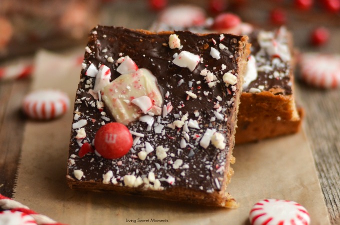 These soft and chewy Peppermint Blondies are covered in chocolate and sprinkled with candy. The perfect Holiday dessert recipe for parties and celebrations. 