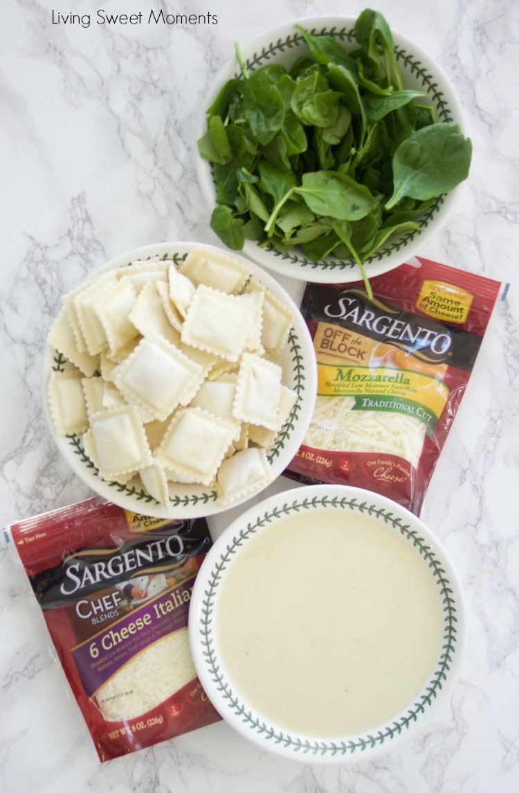 This delicious Ravioli Lasagna recipe is made with frozen ravioli, homemade Alfredo sauce, cheese and fresh spinach. The perfect quick weeknight dinner idea